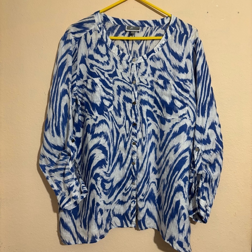JM Collection 100% Linen Blue White Blouse Shirt Top size 18 long sleeve